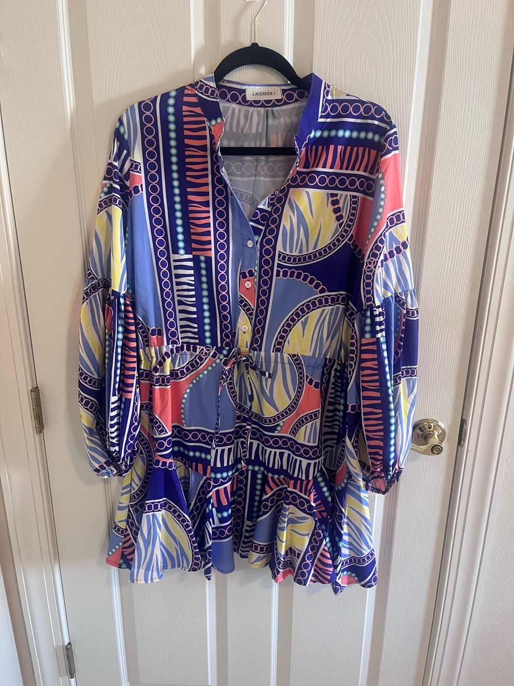 Lavender J Multicolor Geometric Babydoll Mini Dress Boho Scarf Size Large